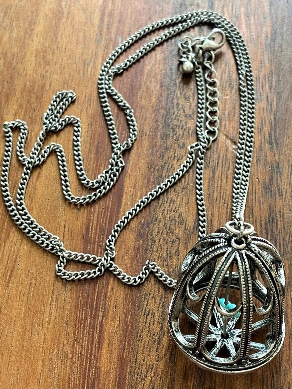 Statement Birdcage Pendant Necklace Silver Tone Novelty Long Bird